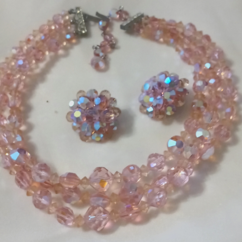 1950's Pink Aurora Borealis Crystal 3 Strand Choker.  Stunning!